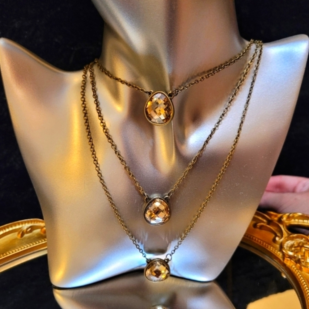 Cascading Champagne Crystal Teardrop Triple Strand Layered Gold Necklace